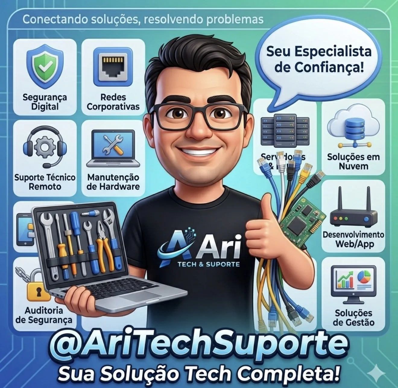 Arte da Aritech Suporte destacando serviços de TI e presença local